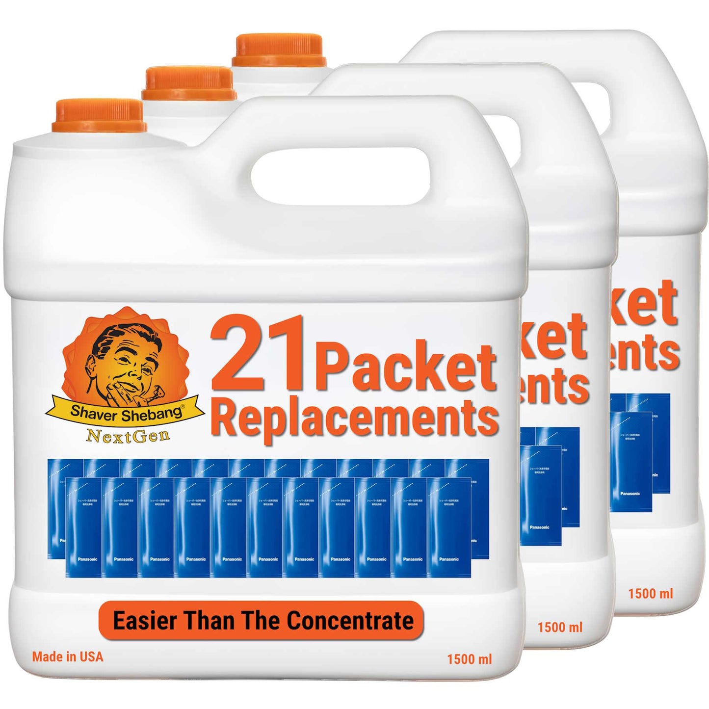3 bottles of Shaver Shebang for Panasonic WES4L03. Each bottle replaces 21 Panasonic cleaner concentrate packets.